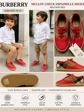 Burberry Kids Mulloy Check Espadrille Shoes Military Red EU 27 US 10 NWT